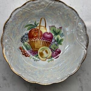 Vintage Trimont Wear Iridescent Serving  Bowl w/Gold Trim and Fruit